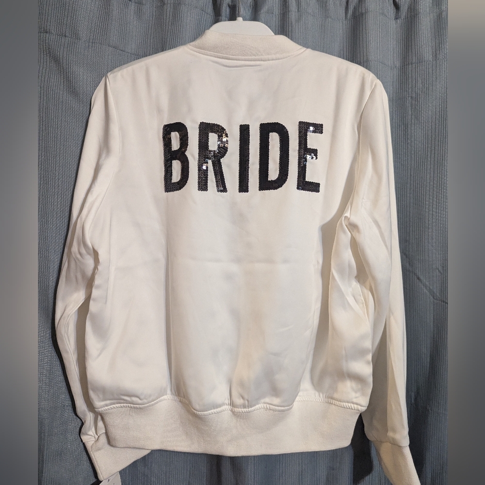 White Satin-like Black Sequin BRIDE Jacket